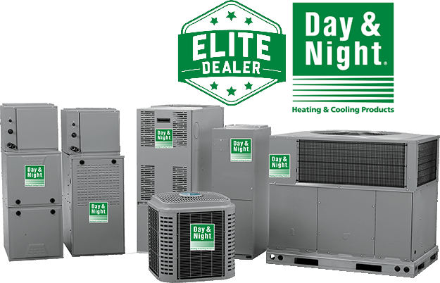 A group of air conditioners and fans with the words " elite dealer day night heating & cooling ".